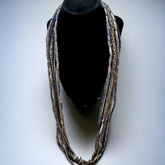 Chico's Multi-Strand Blue Bead/Silver Chain Adjustable Statement Necklace - Picture 2 of 6